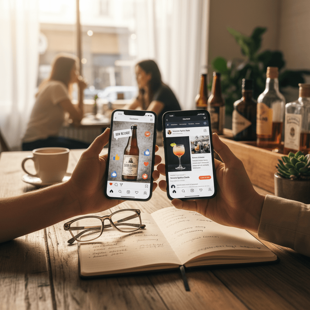Professional photograph illustrating social media marketing on mobile devices — cover image for "5 Social Media Strategies Liquor Retailers Should Steal from Top Craft Brands" on Intentionally Creative