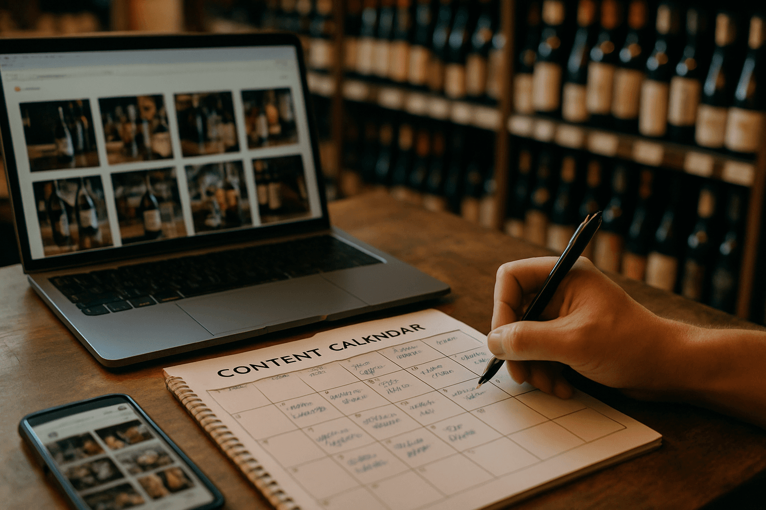 Professional photograph illustrating liquor store social media content calendar — cover image for "How to Build a Content Calendar for Your Liquor Store's Social Media (Template Included)" on Intentionally Creative