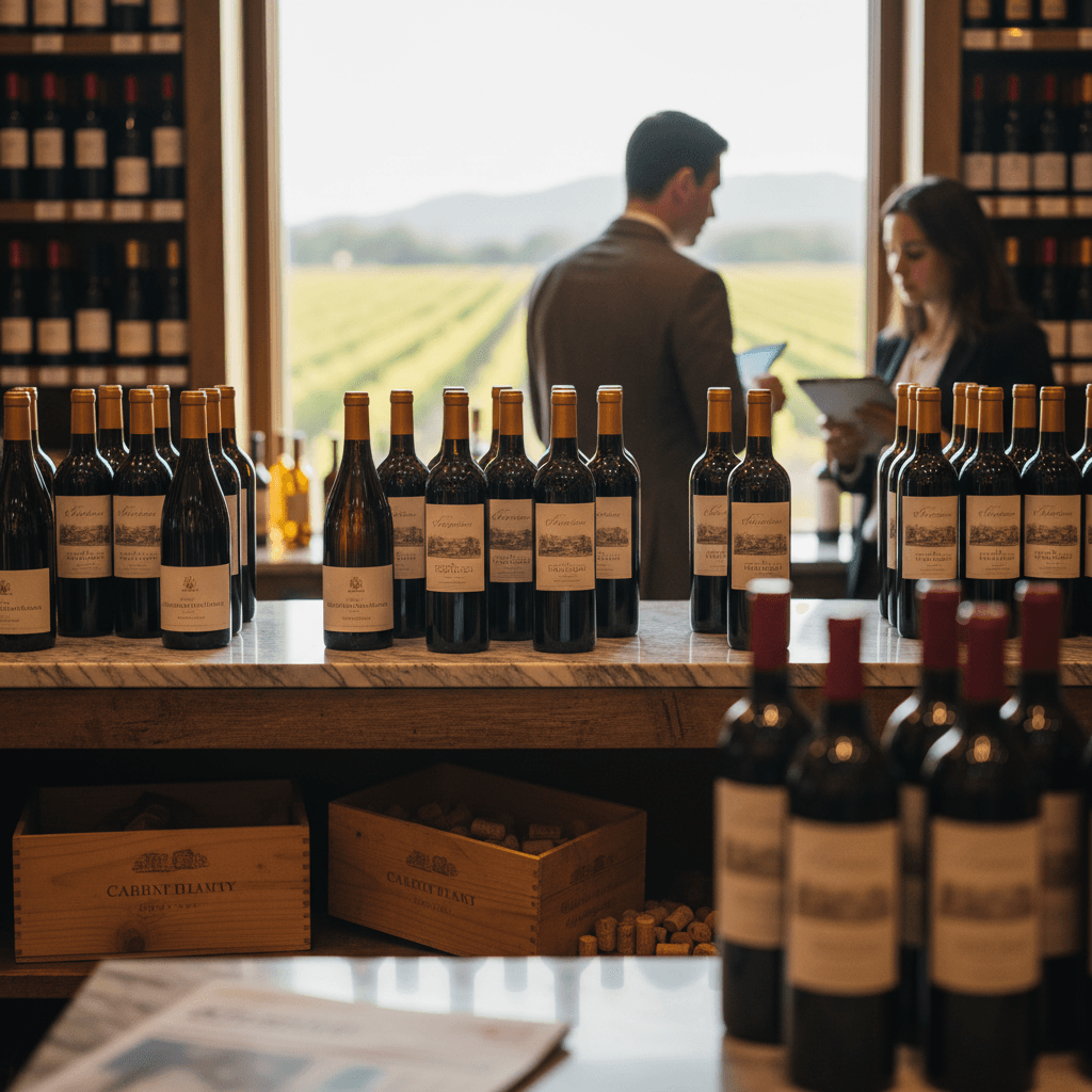 Professional photograph illustrating wine bottles displayed in an elegant retail setting — cover image for "Napa Valley's 'Shocking' Downturn: What Winery Layoffs and Export Troubles Mean for Retailers Sourcing California Wine in 2026" on Intentionally Creative