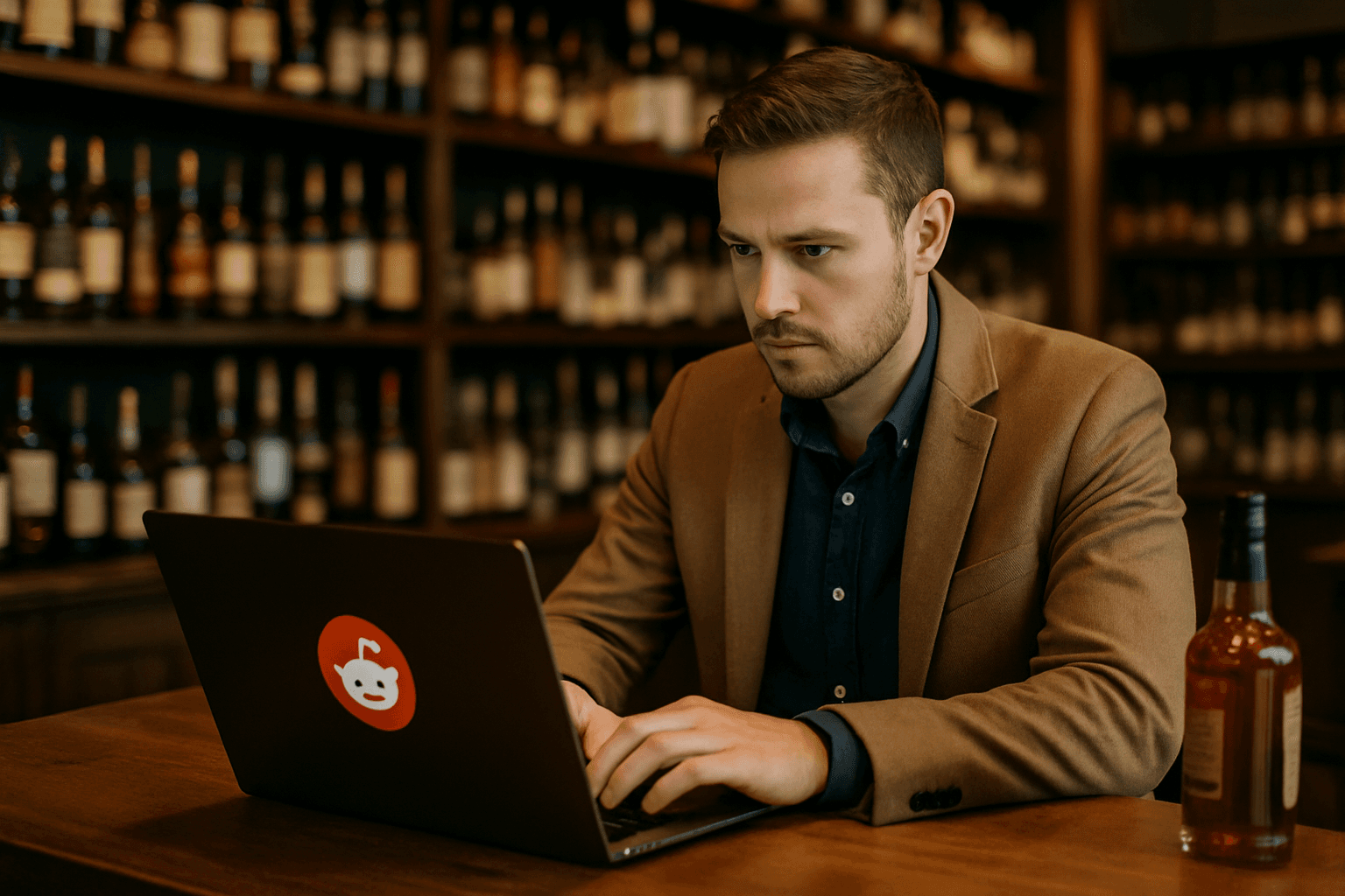 Professional photograph illustrating Reddit marketing for liquor stores — cover image for "Beyond Instagram: How Independent Liquor Stores Can Use Reddit to Build Community, Drive Sales, and Reach Enthusiast Customers Organically" on Intentionally Creative