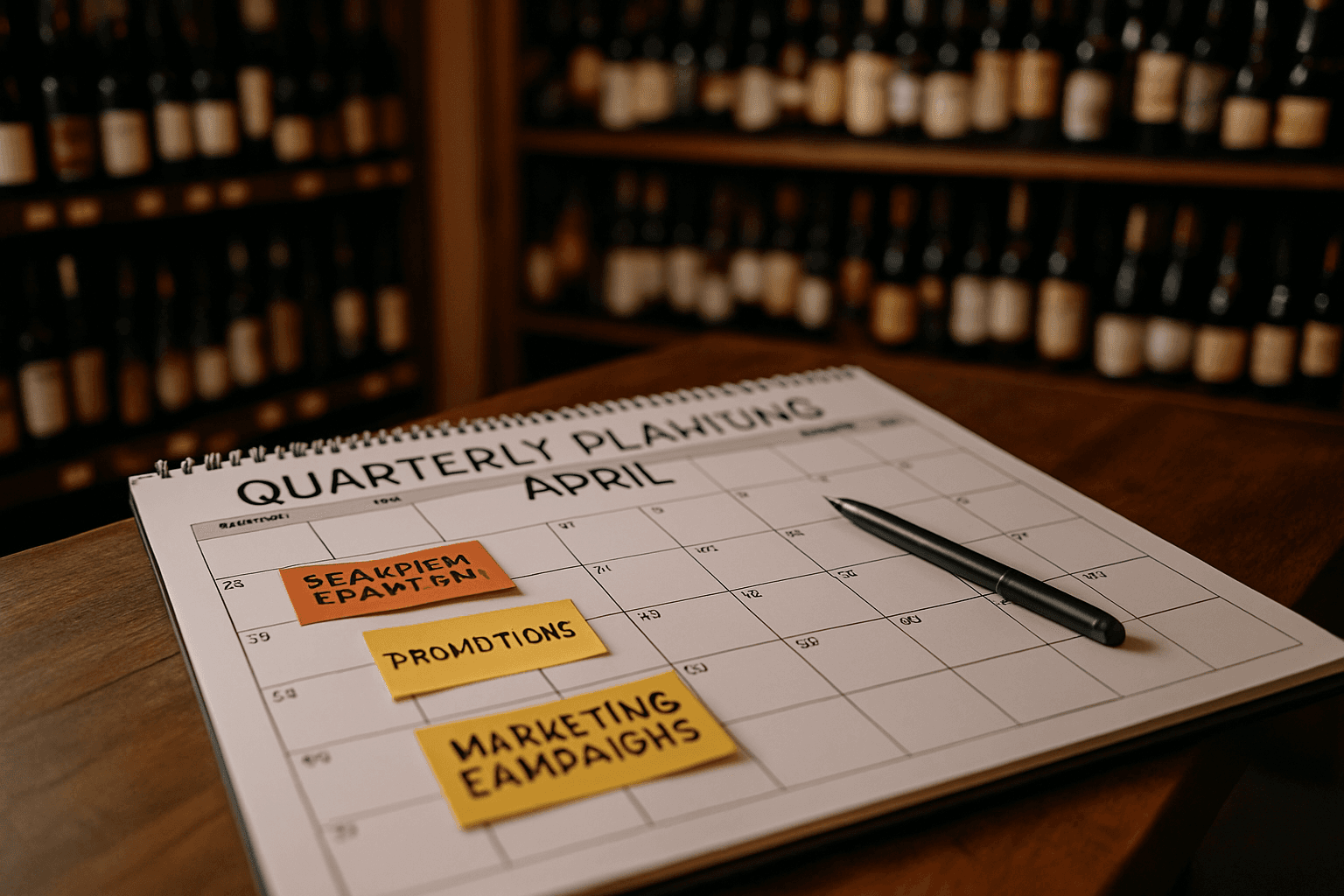 Professional photograph illustrating liquor store marketing calendar — cover image for "The Liquor Store Calendar: A Quarterly Planning Framework for Seasonal Inventory, Promotions, and Marketing Campaigns" on Intentionally Creative