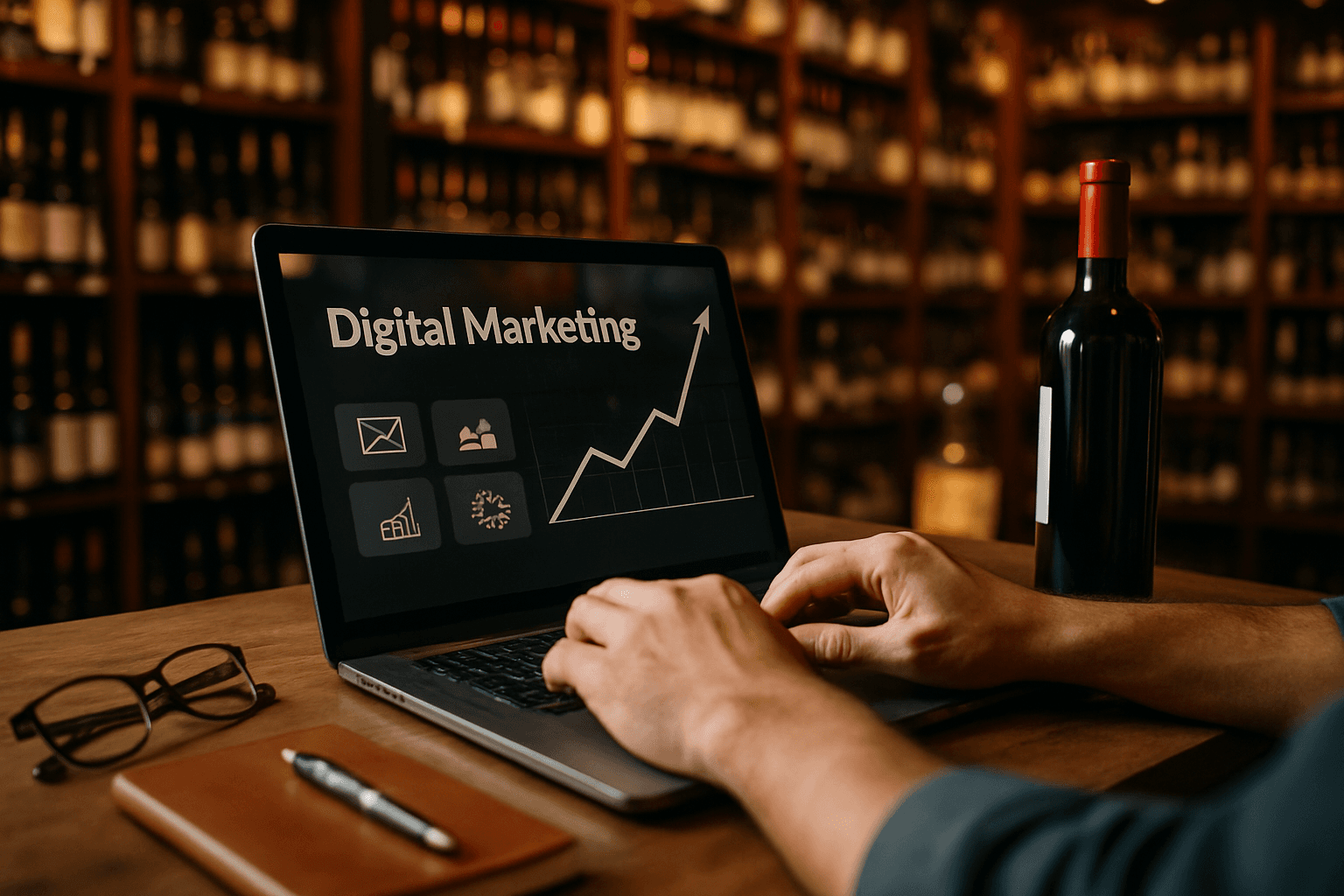 Professional photograph illustrating digital marketing for liquor stores — cover image for "The Complete Guide to Digital Marketing for Liquor Stores in 2025" on Intentionally Creative