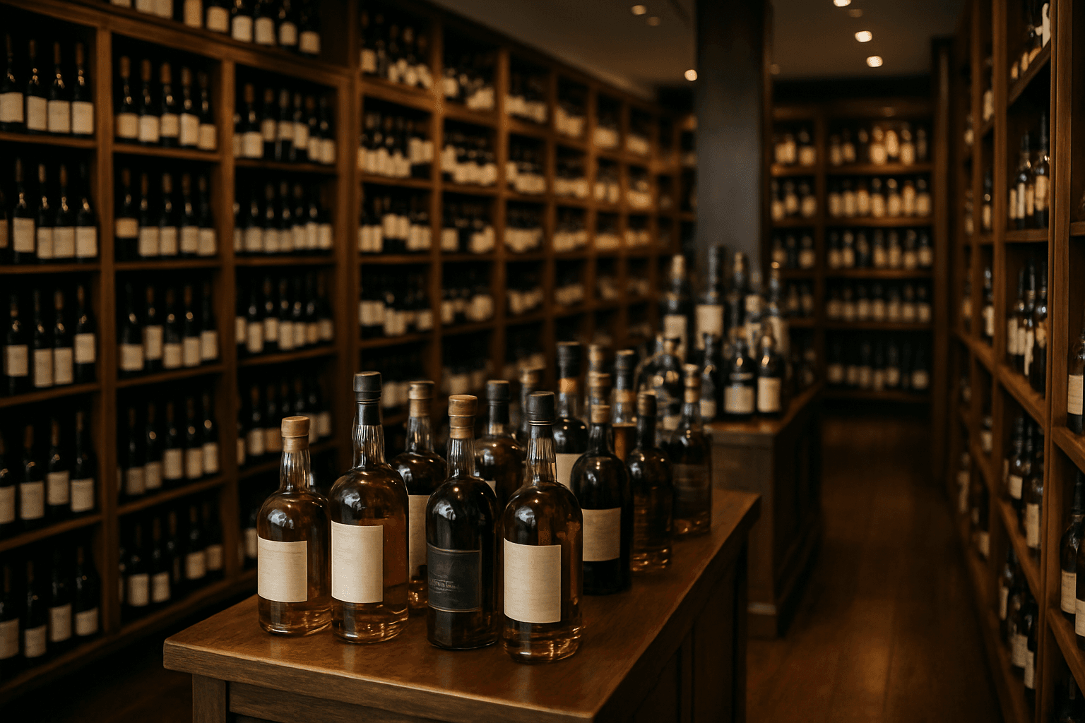 Professional photograph illustrating upscale liquor store interior with premium spirits — cover image for "10 Legal Wine Shipping Strategies for Liquor Stores After the Ohio Ruling" on Intentionally Creative