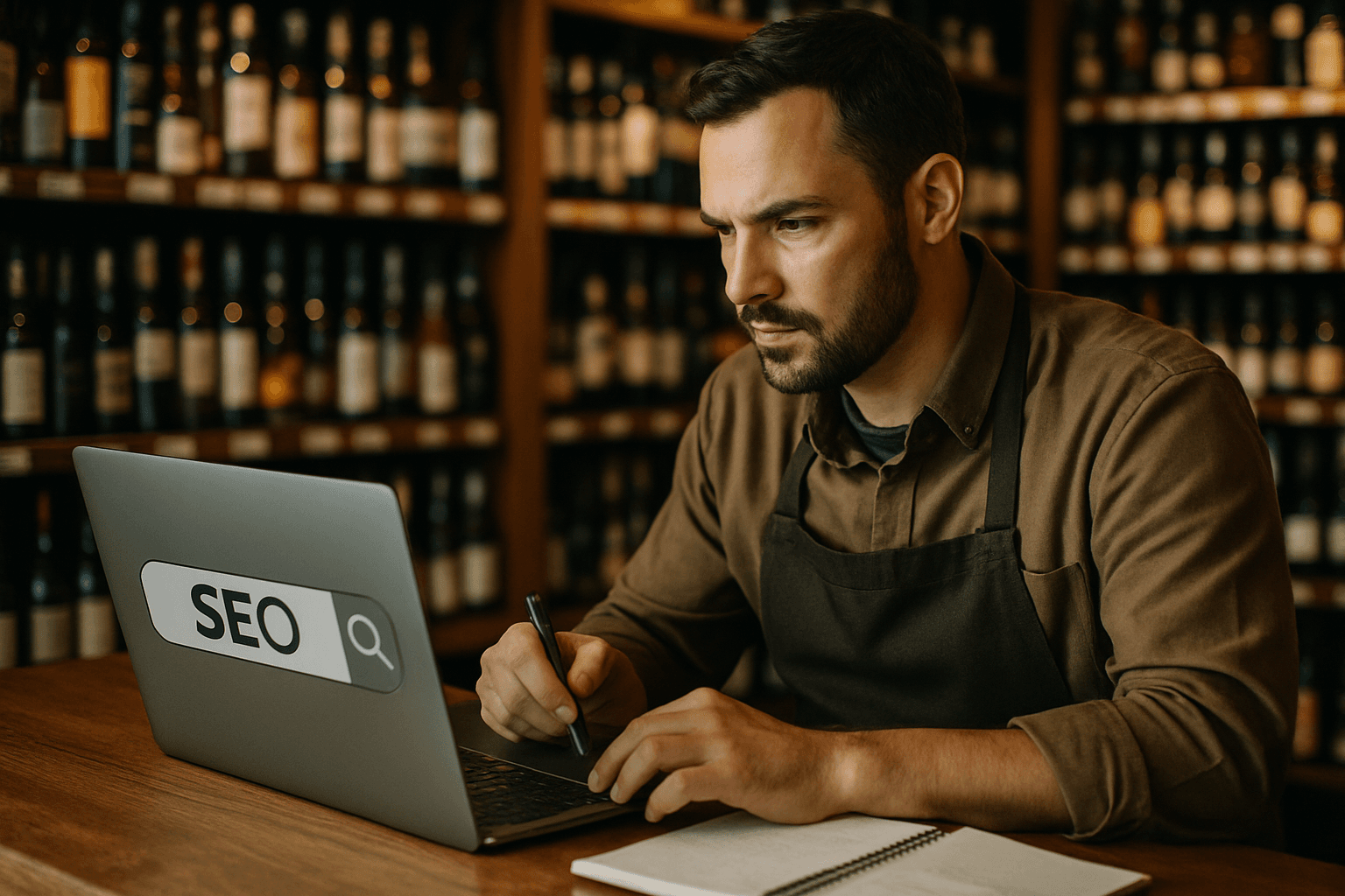 Professional photograph illustrating how to do SEO for a liquor store — cover image for "10 SEO Mistakes Every Liquor Store Owner Makes (And How to Fix Them in 2026)" on Intentionally Creative