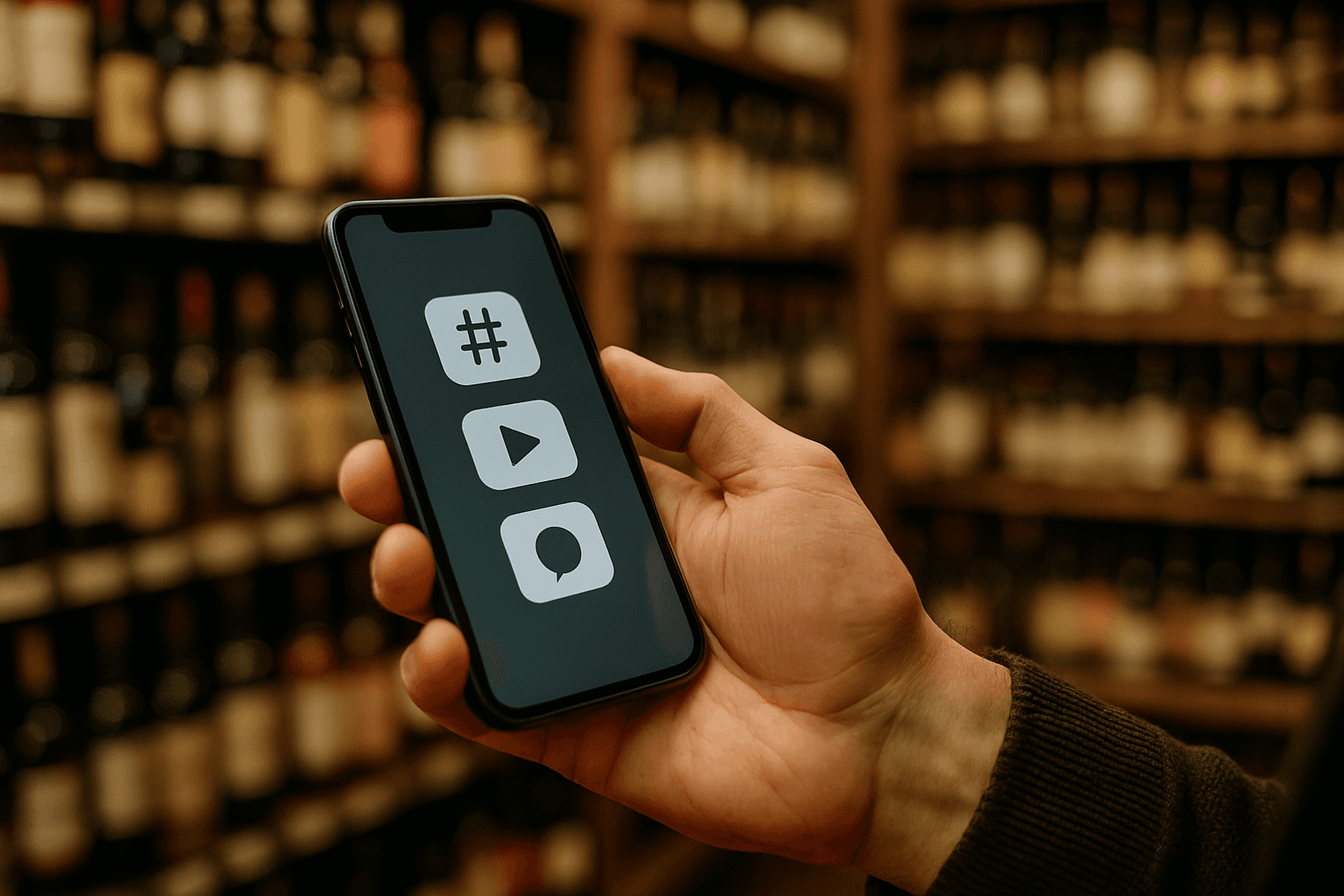 Professional photograph illustrating social media marketing on mobile devices — cover image for "10 Liquor Store Social Media Strategies for Instagram, Facebook, and TikTok in 2026" on Intentionally Creative