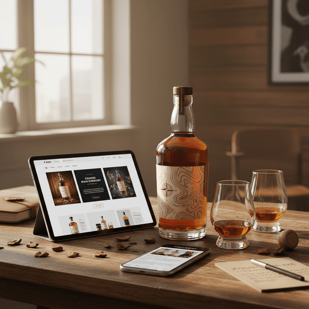 Professional photograph illustrating digital marketing for beverage retail business — cover image for "Teeling Wonders of the Wood: Carpathian Oak — A New Chapter in Experimental Irish Whiskey" on Intentionally Creative