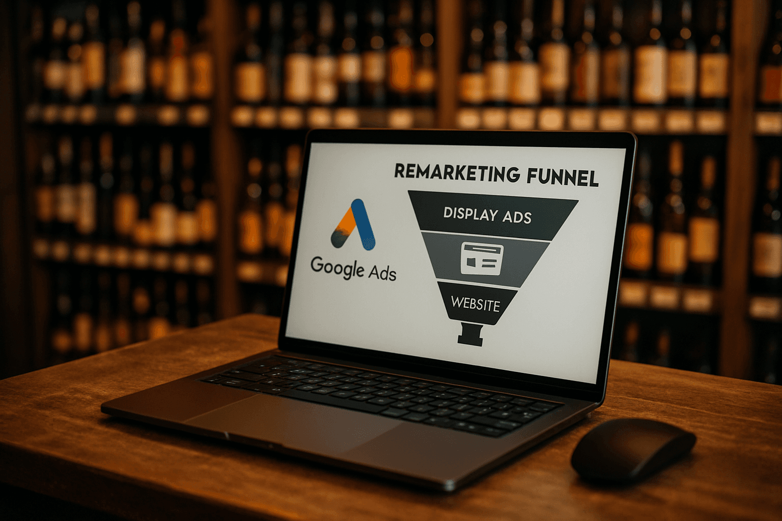 Professional photograph illustrating Google Ads remarketing funnel liquor store — cover image for "How to Build a Google Ads Remarketing Funnel for Your Liquor Store's E-Commerce Site (Even With Google's Alcohol Ad Restrictions)" on Intentionally Creative