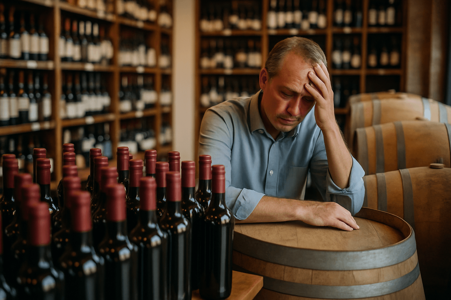 Professional photograph illustrating wine industry oversupply crisis — cover image for "The Wine Industry's Biggest Crisis Since Phylloxera: What Oversupply, Climate Shifts, and Falling Demand Mean for Your Store's Wine Department" on Intentionally Creative