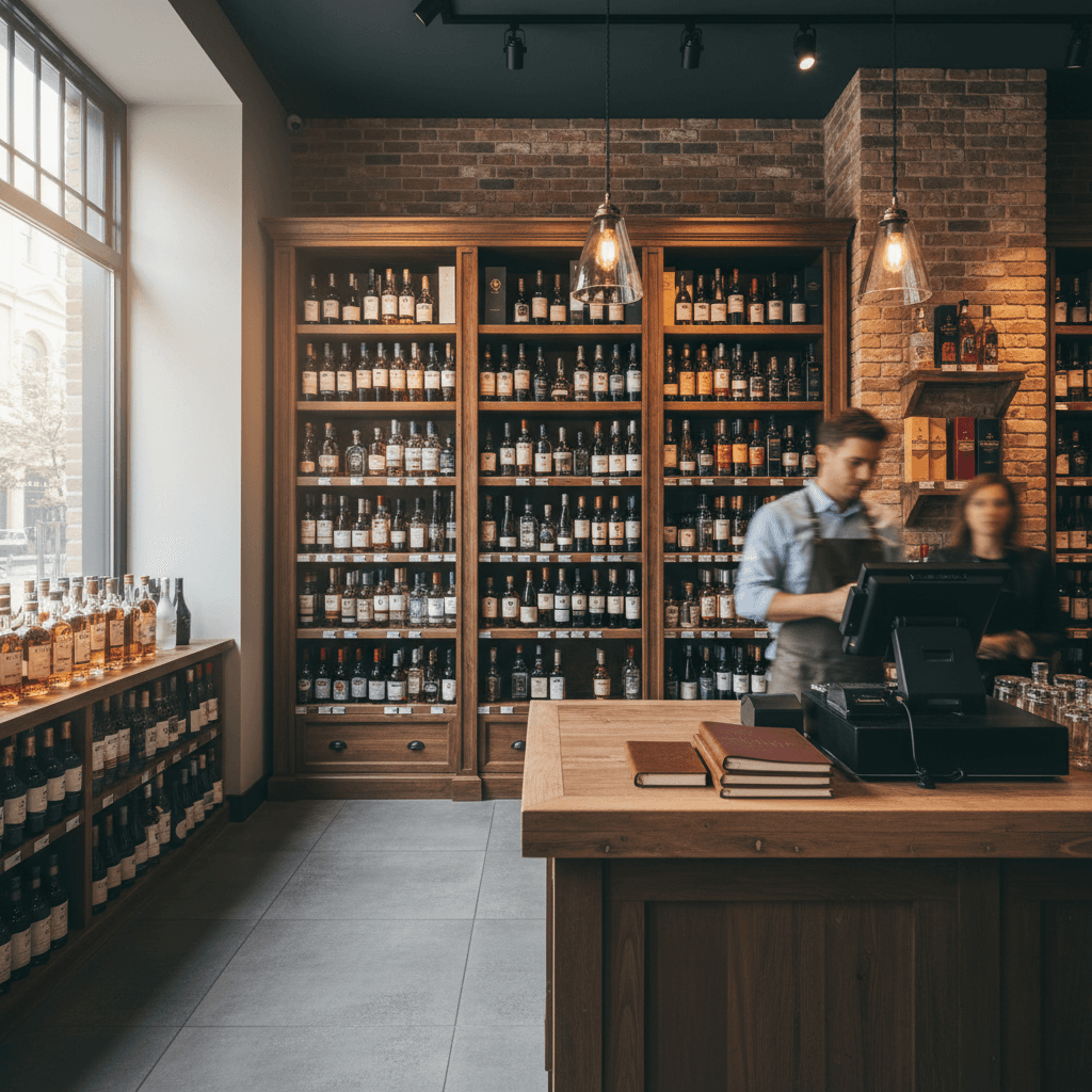 Professional photograph illustrating modern retail store interior — cover image for "Trademark Wars in the Spirits Industry: What the LIV Golf vs. Long Island Distillery Lawsuit Teaches Liquor Retailers About Protecting Their Brand Name" on Intentionally Creative