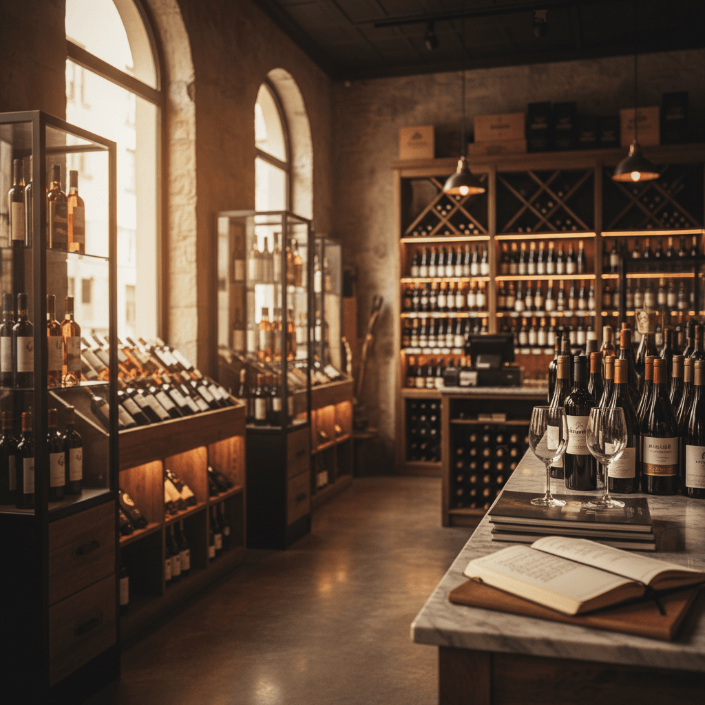 Professional photograph illustrating wine bottles displayed in an elegant retail setting — cover image for "The WHO vs. New Research on Moderate Wine Consumption: How Liquor Retailers Should Navigate Conflicting Health Messaging in Store Marketing" on Intentionally Creative