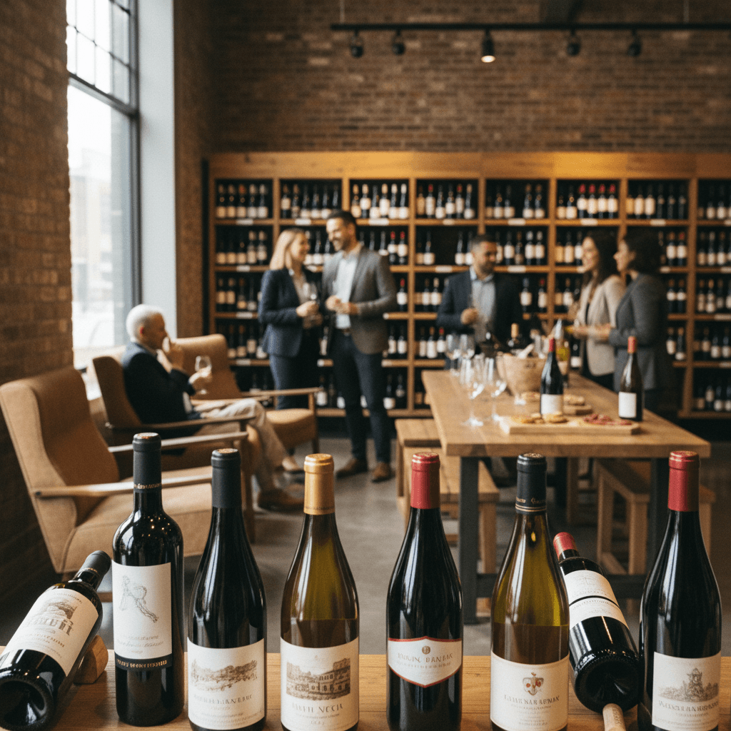 Professional photograph illustrating wine bottles displayed in an elegant retail setting — cover image for "Wine as a Social Bridge: How Liquor Retailers Can Use Community-Building Messaging to Attract Diverse Customer Segments" on Intentionally Creative