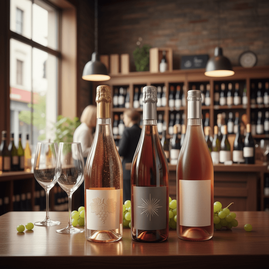 Professional photograph illustrating wine bottles displayed in an elegant retail setting — cover image for "Consorzio Asti DOCG Approves New Rosé Sparkling Wine: A Buying Opportunity for Retailers Looking Beyond Prosecco" on Intentionally Creative