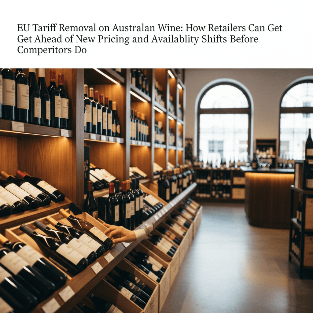 Professional photograph illustrating wine bottles displayed in an elegant retail setting — cover image for "EU Tariff Removal on Australian Wine: How Retailers Can Get Ahead of New Pricing and Availability Shifts Before Competitors Do" on Intentionally Creative