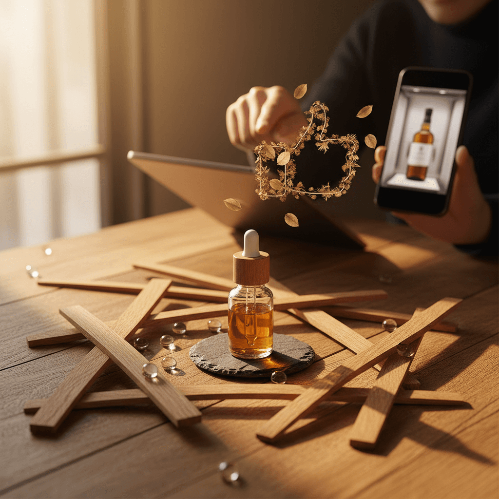 Professional photograph illustrating digital marketing for beverage retail business — cover image for "GlenAllachie's 35-Year-Old Mizunara Cask Release: How to Use Ultra-Premium Whisky Drops to Drive Store Traffic and Social Buzz" on Intentionally Creative