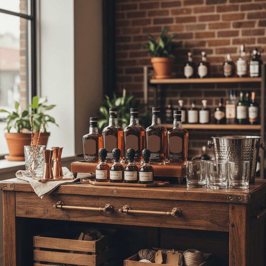 Professional photograph illustrating digital marketing for beverage retail business — cover image for "How to Build an Old Fashioned Merchandising Station That Sells Bourbon, Bitters, and Barware in One Display" on Intentionally Creative