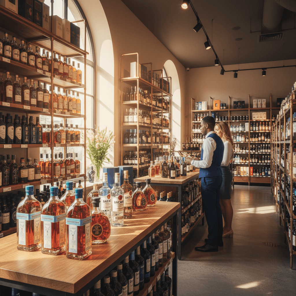 Professional photograph illustrating upscale liquor store interior with premium spirits — cover image for "Bacardi Pushes St-Germain Into French Grocery Retail: What Big-Brand Channel Expansion Strategies Signal for Independent Liquor Store Positioning" on Intentionally Creative