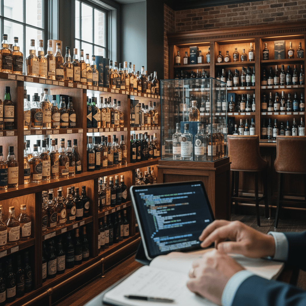 Professional photograph illustrating upscale liquor store interior with premium spirits — cover image for "How to Use Schema Markup on Your Liquor Store Website to Win Rich Snippets for Product Searches" on Intentionally Creative
