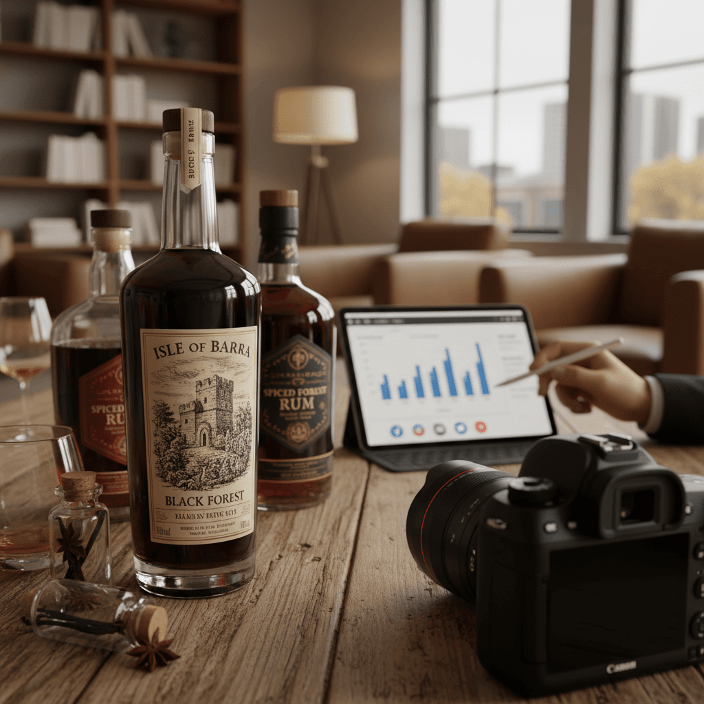 Professional photograph illustrating digital marketing for beverage retail business — cover image for "Isle of Barra's Black Forest Rum and the Flavored Dark Spirits Trend: What Experimental Rum Releases Mean for Your Brown Spirits Section" on Intentionally Creative