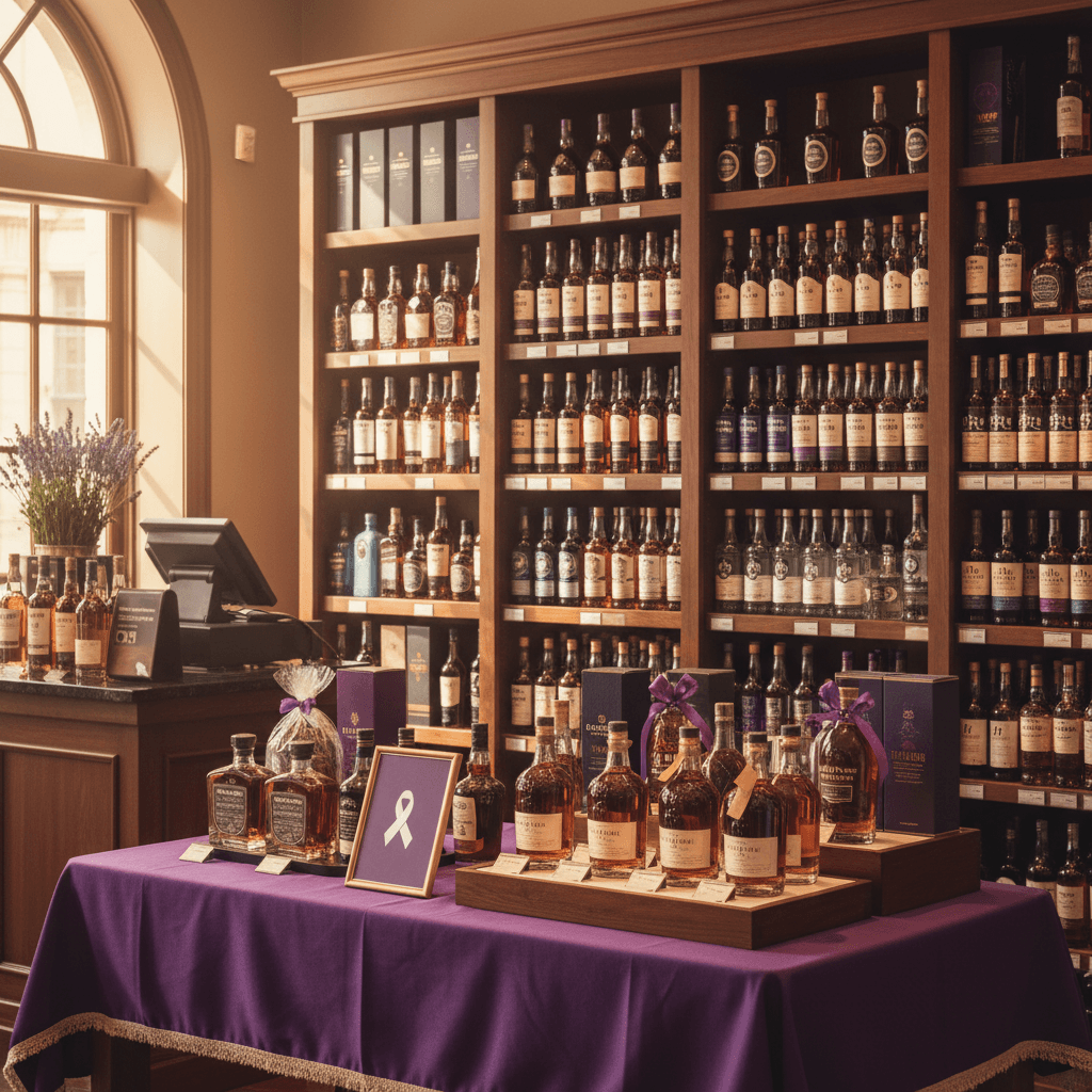 Professional photograph illustrating upscale liquor store interior with premium spirits — cover image for "How to Run a Cause Marketing Campaign for Your Liquor Store: Lessons From Distilleries Supporting Nonprofits on Purple Day and Beyond" on Intentionally Creative