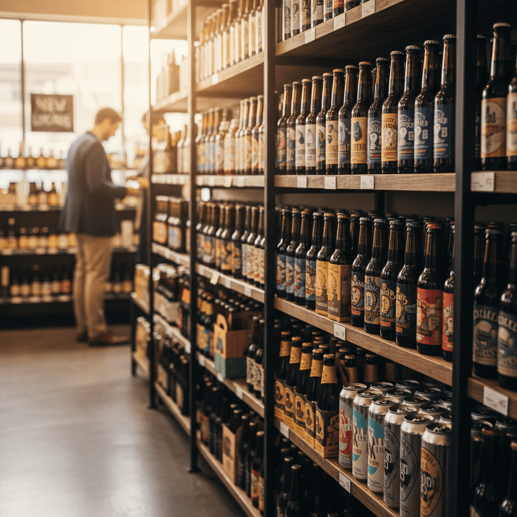 Professional photograph illustrating craft beer selection in a modern retail display — cover image for "Beer Purchasing Confidence Hits Benchmark for First Time in 20 Months: What the Latest BPI Data Means for Your Store's Beer Buying Strategy" on Intentionally Creative