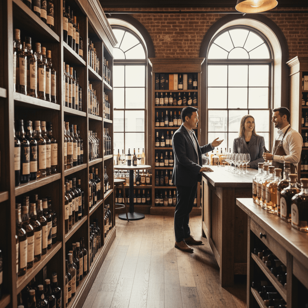 Professional photograph illustrating upscale liquor store interior with premium spirits — cover image for "How to Set Up and Optimize a YouTube Channel for Your Liquor Store: Tastings, Store Tours, and Product Reviews That Build Local Authority" on Intentionally Creative