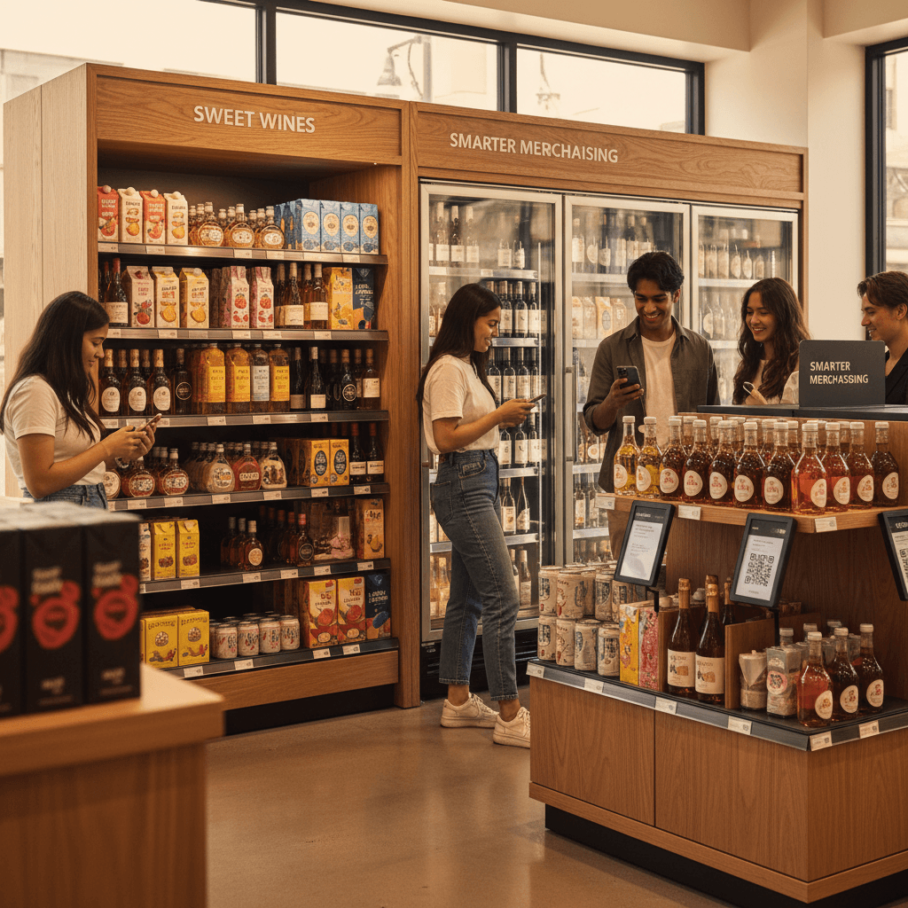 Professional photograph illustrating Gen Z wine trends liquor retail — cover image for "Gen Z Wine Trends Liquor Retail Owners Need to Know: Sweet Wines, Smarter Merchandising, and Winning Younger Shoppers" on Intentionally Creative