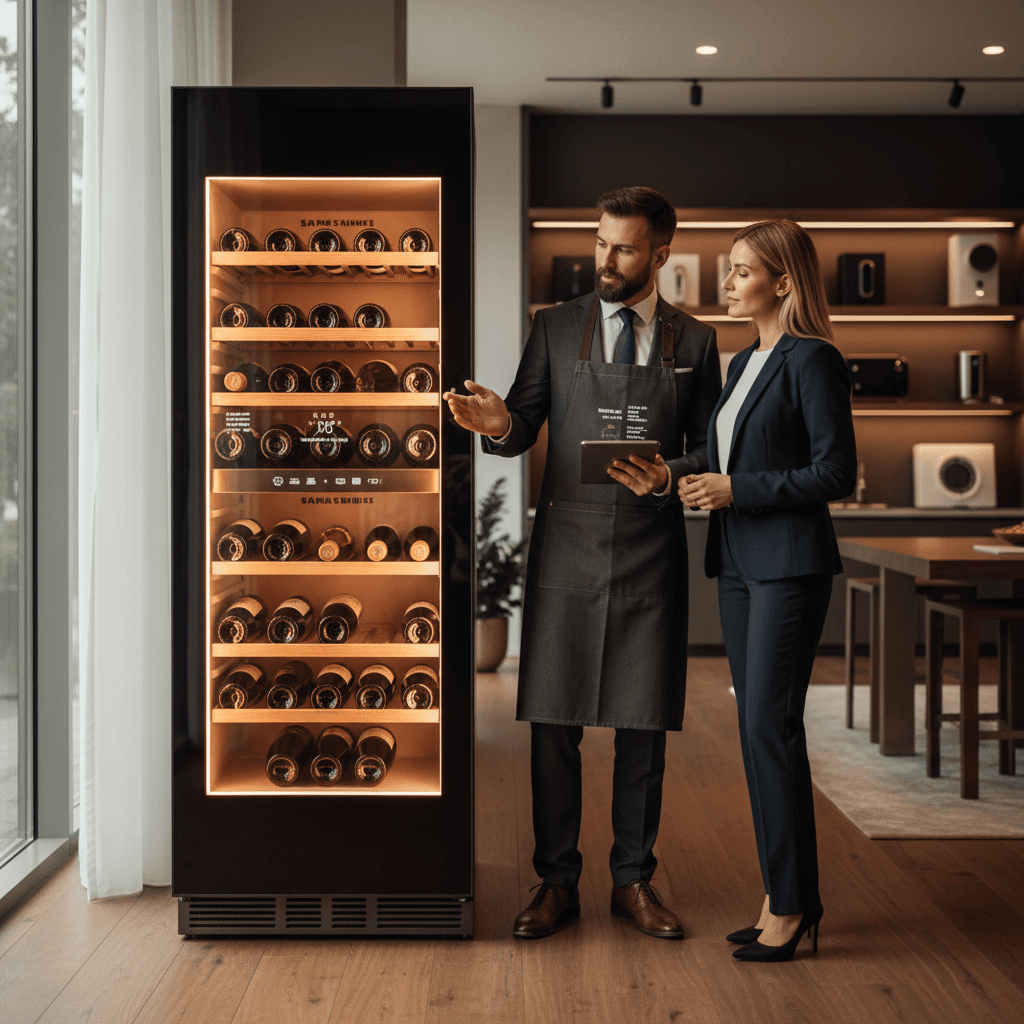 Professional photograph illustrating smart wine fridge retail upselling — cover image for "Samsung's AI Wine Fridge and the Smart-Home Beverage Trend: What Connected Wine Storage Means for Retail Upselling and Customer Education" on Intentionally Creative
