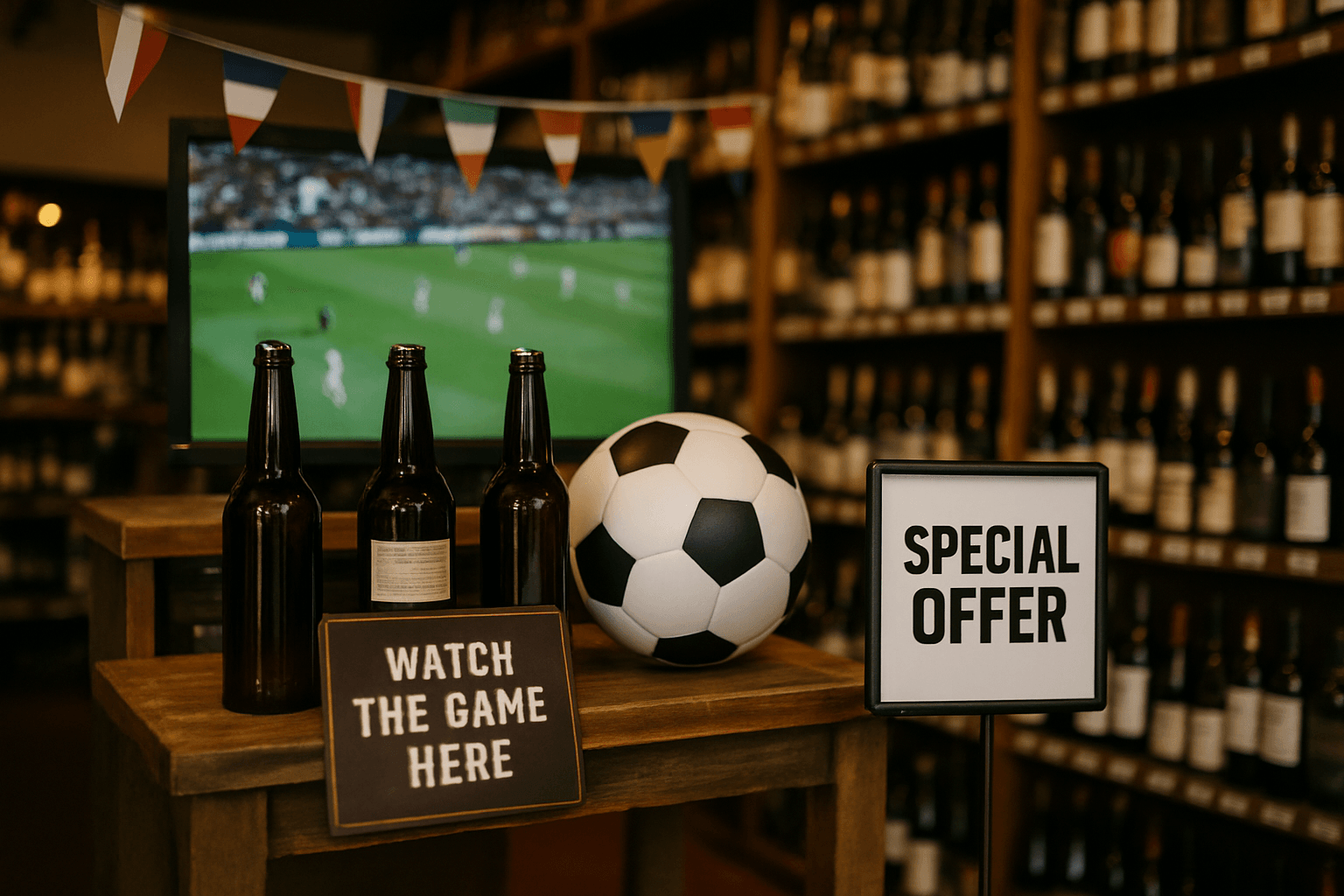 Professional photograph illustrating liquor store sporting event promotions — cover image for "Santa Monica Brew Works' World Cup Jumbotron Play: How Liquor Stores Can Ride Major Sporting Events With Watch Parties, Limited Releases, and Timely Promotions" on Intentionally Creative