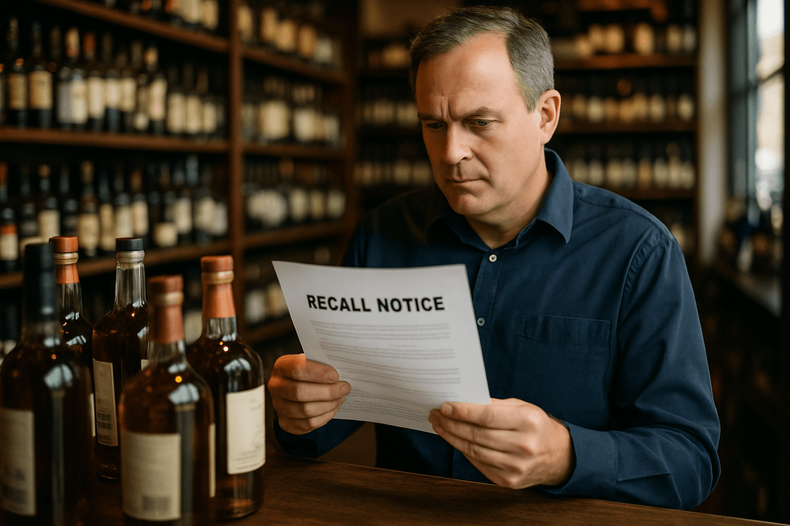 Professional photograph illustrating TTB mandatory recall authority — cover image for "TTB Mandatory Recall Authority: What Liquor Store Owners Must Do When Brands Pull Products" on Intentionally Creative